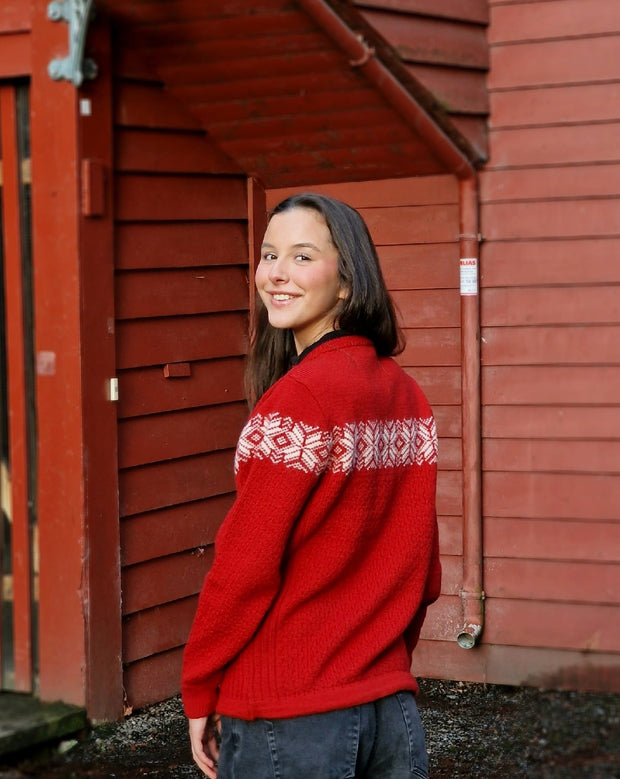 Alvøen Women's Cardigan Red & White - Susan Fosse
